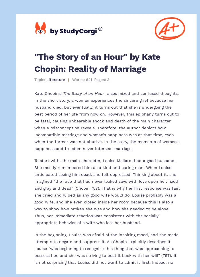"The Story of an Hour" by Kate Chopin: Reality of Marriage. Page 1