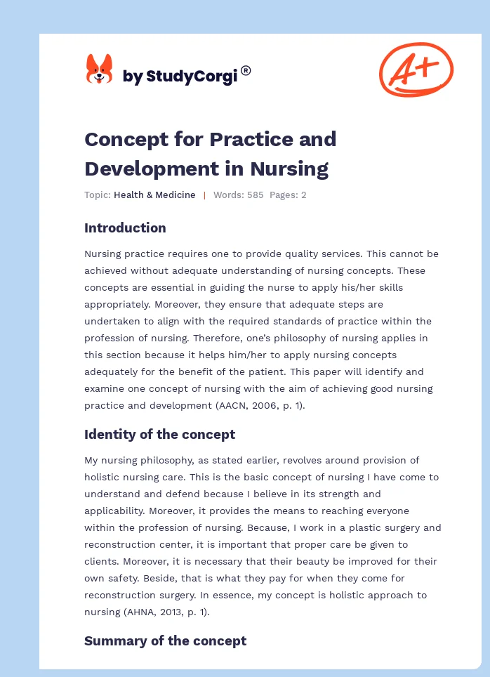 Concept for Practice and Development in Nursing. Page 1