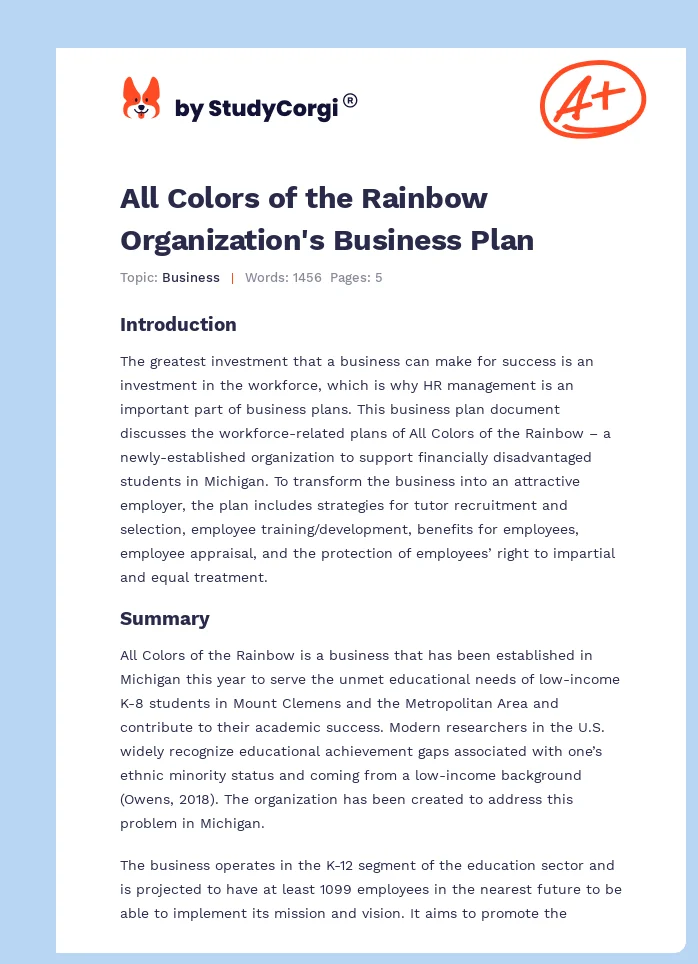 All Colors of the Rainbow Organization's Business Plan. Page 1