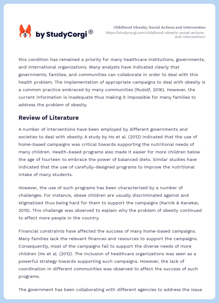 Childhood Obesity, Social Actions and Intervention. Page 2