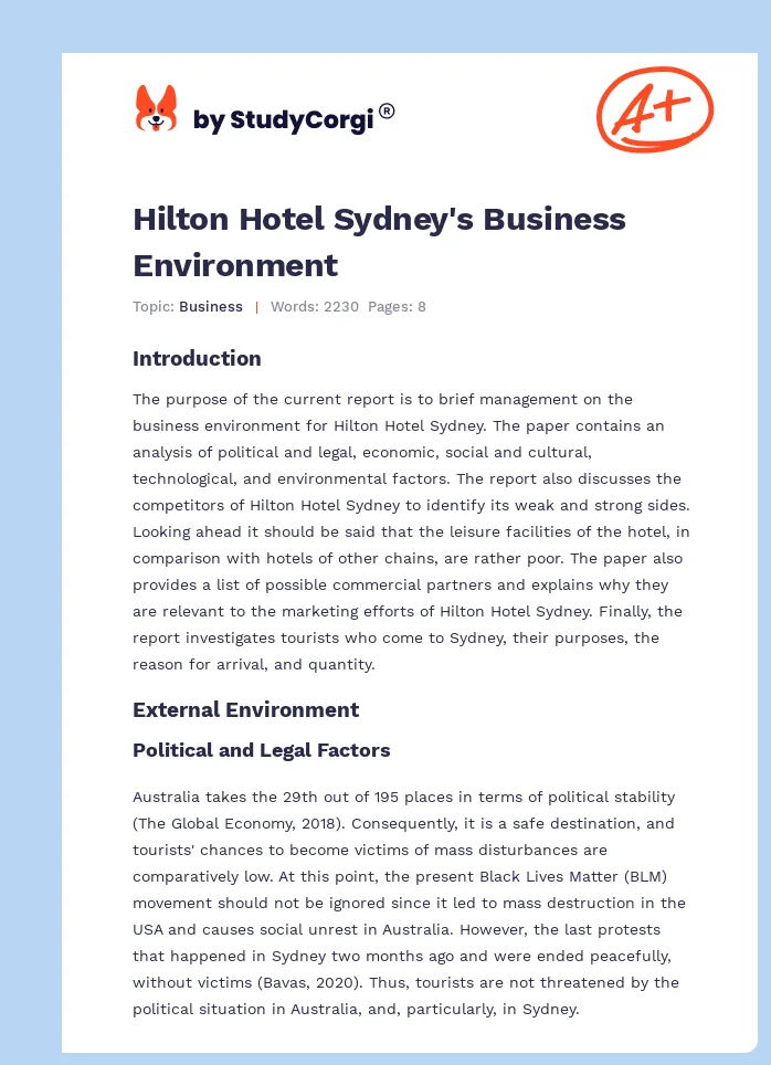 Hilton Hotel Sydney's Business Environment. Page 1