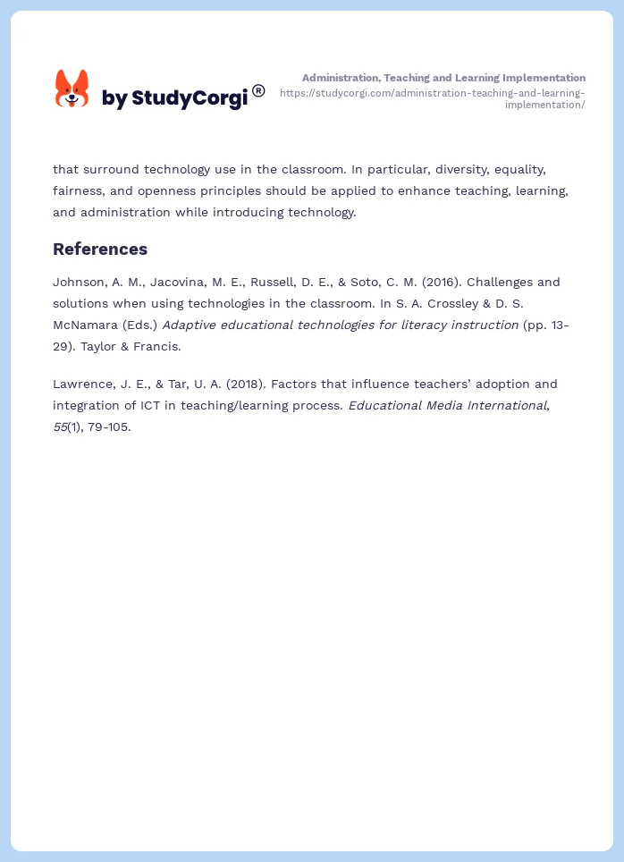Administration, Teaching and Learning Implementation. Page 2