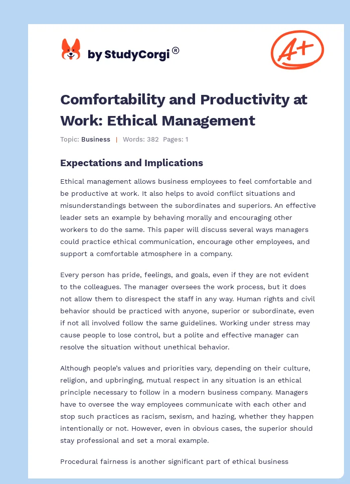 Comfortability and Productivity at Work: Ethical Management. Page 1