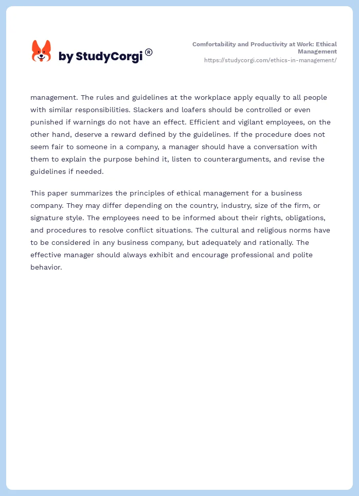 Comfortability and Productivity at Work: Ethical Management. Page 2