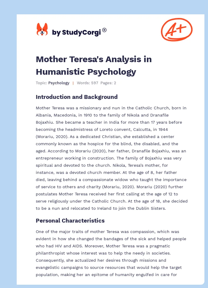 Mother Teresa's Analysis in Humanistic Psychology. Page 1