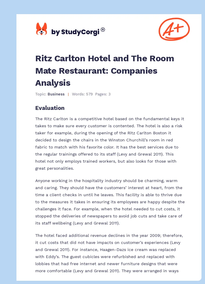 Ritz Carlton Hotel and The Room Mate Restaurant: Companies Analysis. Page 1