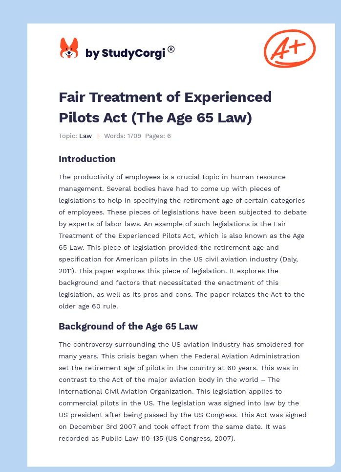 Fair Treatment of Experienced Pilots Act (The Age 65 Law). Page 1