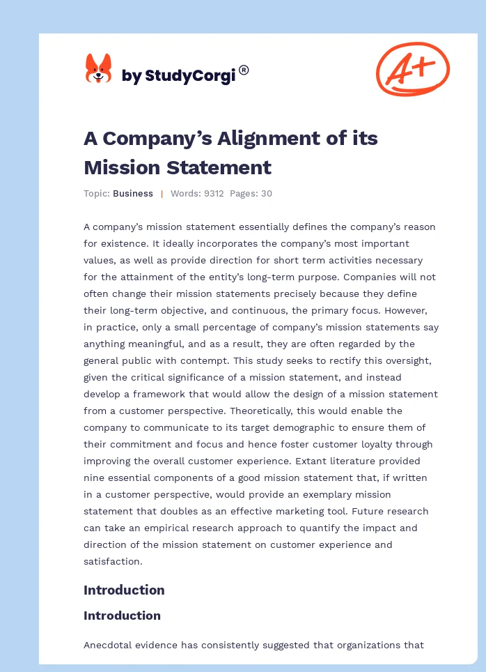 A Company’s Alignment of its Mission Statement. Page 1