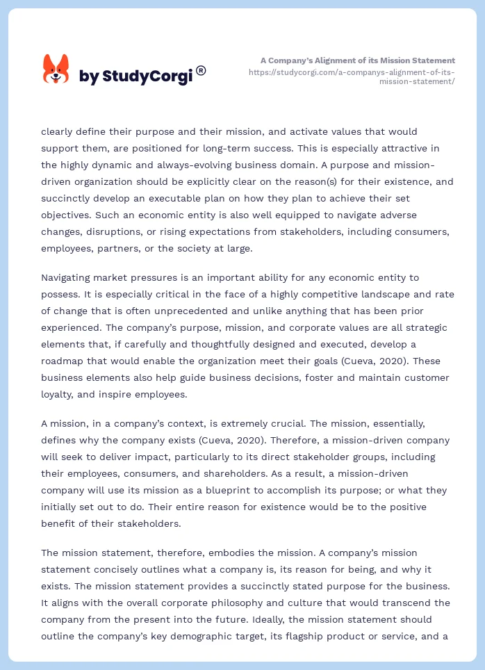 A Company’s Alignment of its Mission Statement. Page 2
