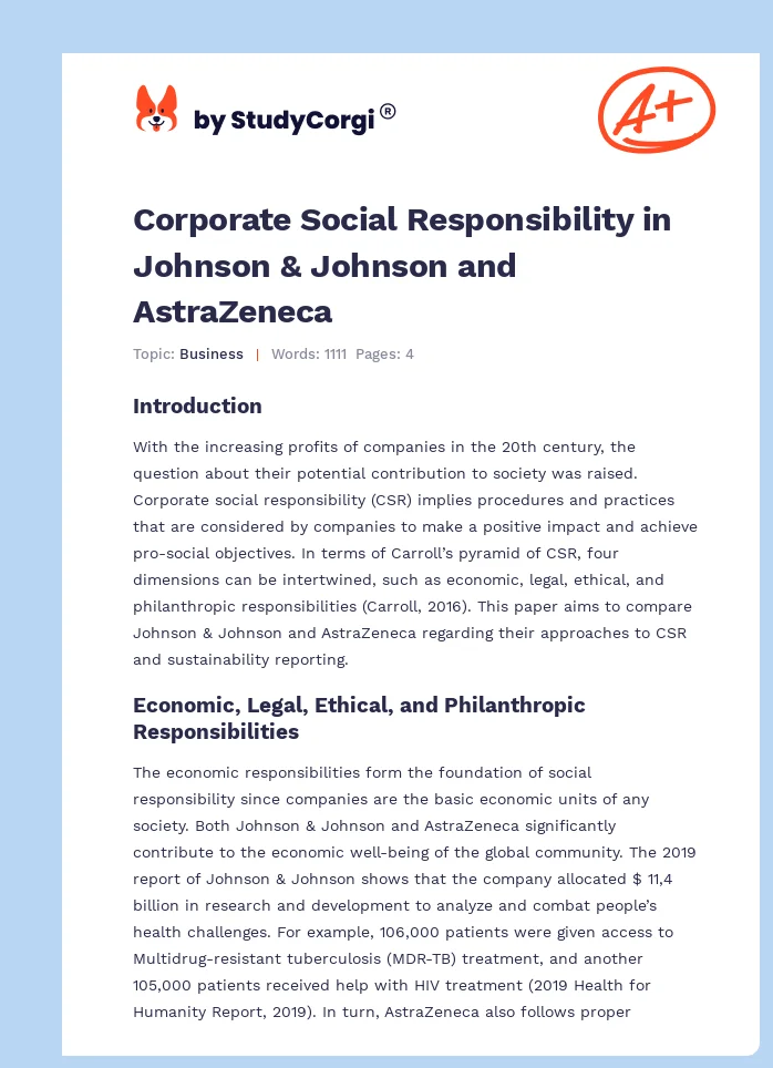 Corporate Social Responsibility in Johnson & Johnson and AstraZeneca. Page 1