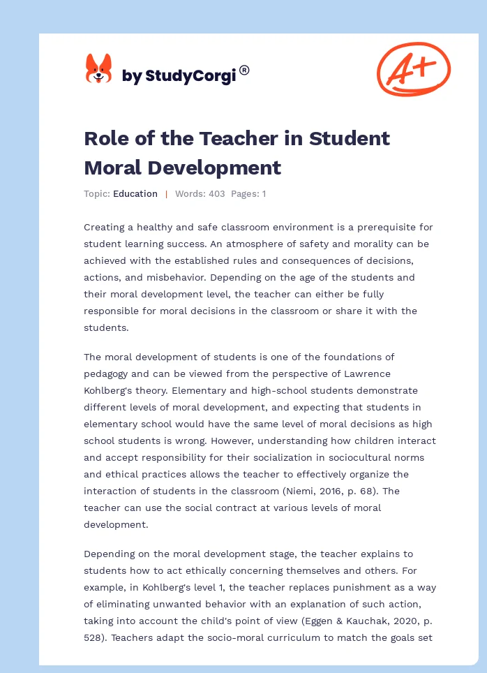 Role of the Teacher in Student Moral Development. Page 1
