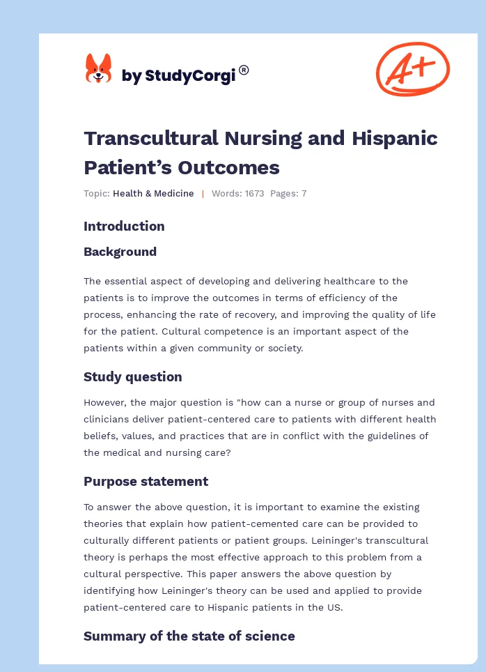 Transcultural Nursing and Hispanic Patient’s Outcomes. Page 1