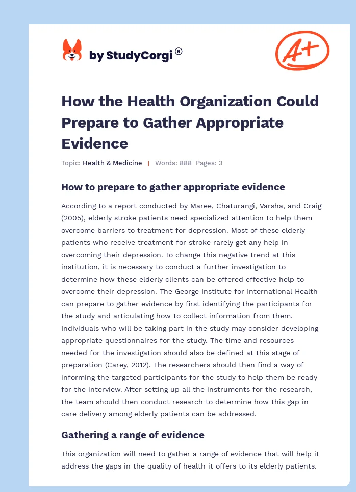 How the Health Organization Could Prepare to Gather Appropriate Evidence. Page 1