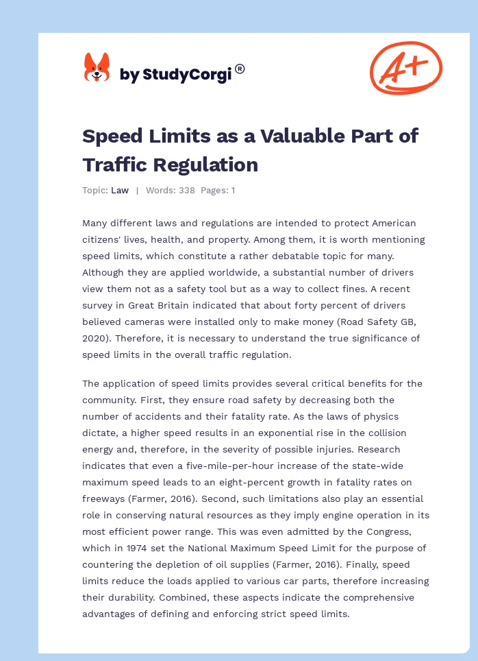 Speed Limits as a Valuable Part of Traffic Regulation. Page 1