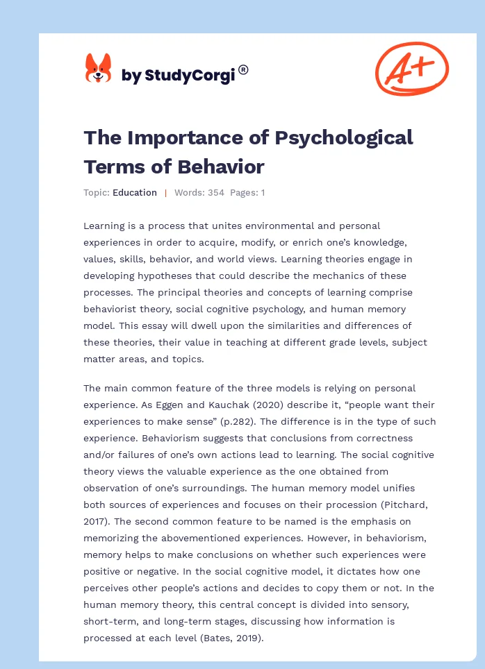 The Importance of Psychological Terms of Behavior. Page 1