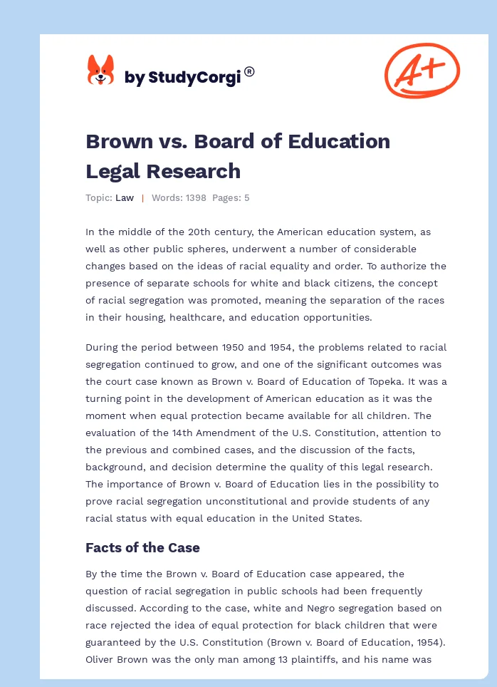 Brown vs. Board of Education Legal Research. Page 1