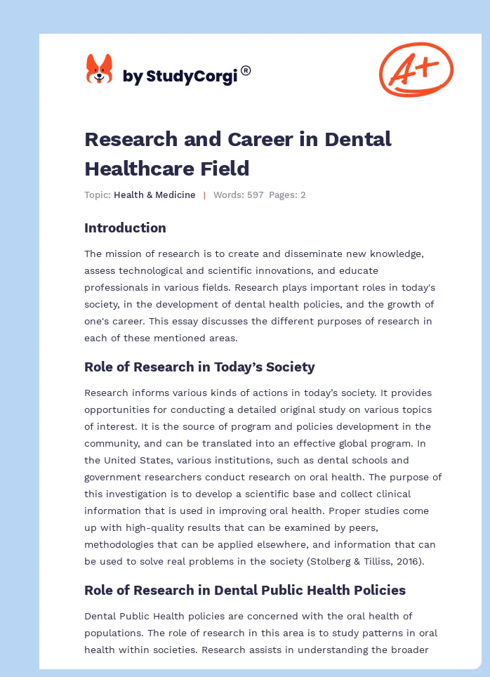 Research and Career in Dental Healthcare Field. Page 1