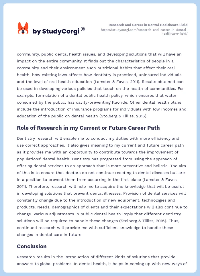 Research and Career in Dental Healthcare Field. Page 2