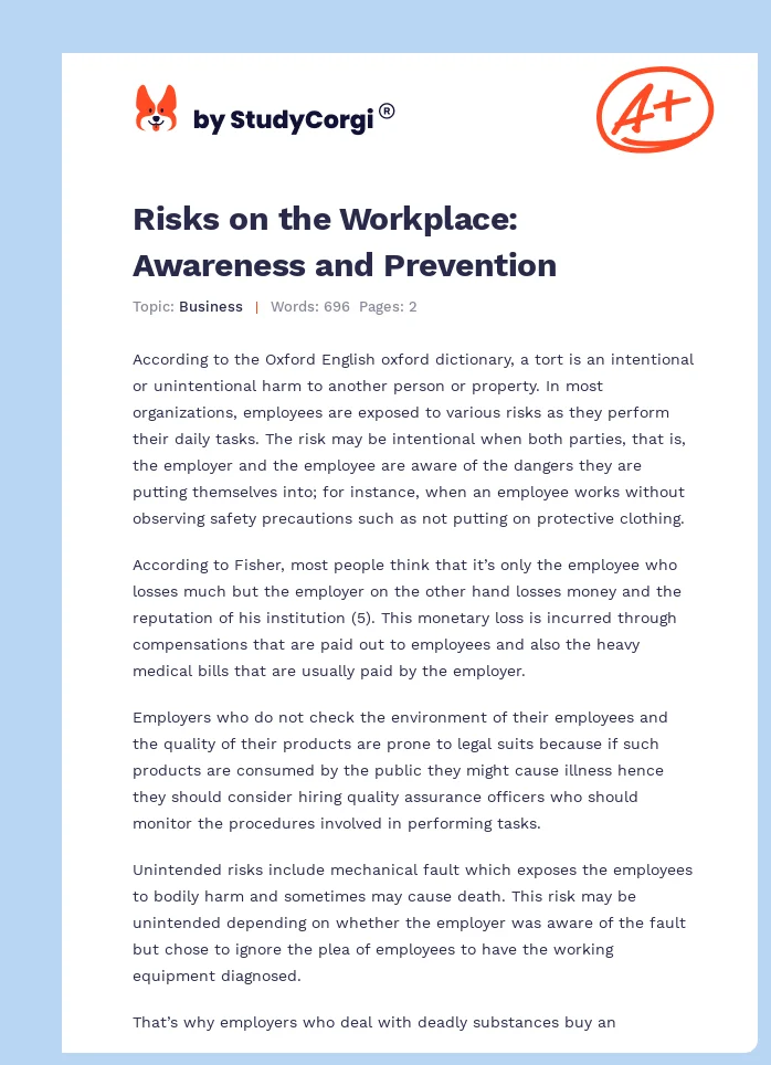 Risks on the Workplace: Awareness and Prevention. Page 1