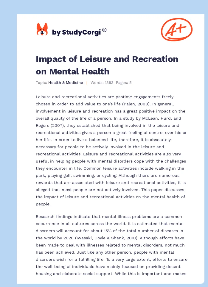Impact of Leisure and Recreation on Mental Health. Page 1