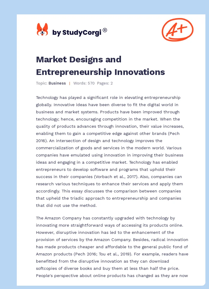 Market Designs and Entrepreneurship Innovations. Page 1
