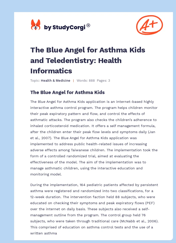 The Blue Angel for Asthma Kids and Teledentistry: Health Informatics. Page 1