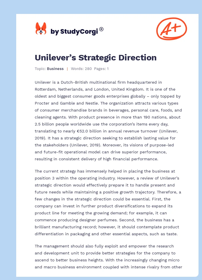 Unilever’s Strategic Direction. Page 1