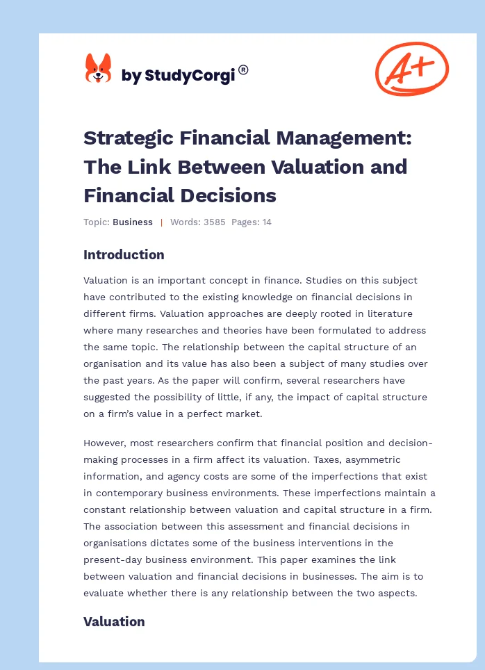 Strategic Financial Management: The Link Between Valuation and Financial Decisions. Page 1