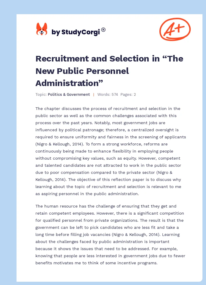 Recruitment and Selection in “The New Public Personnel Administration”. Page 1
