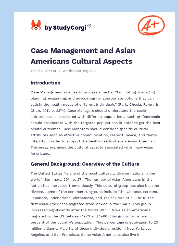Case Management and Asian Americans Cultural Aspects. Page 1