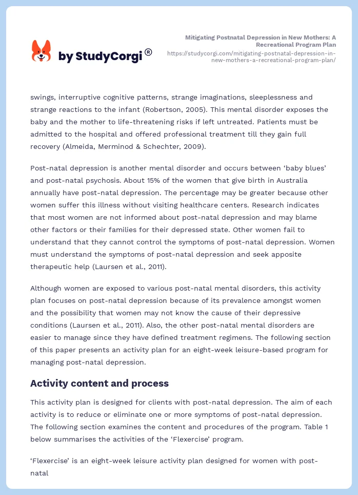 Mitigating Postnatal Depression in New Mothers: A Recreational Program Plan. Page 2