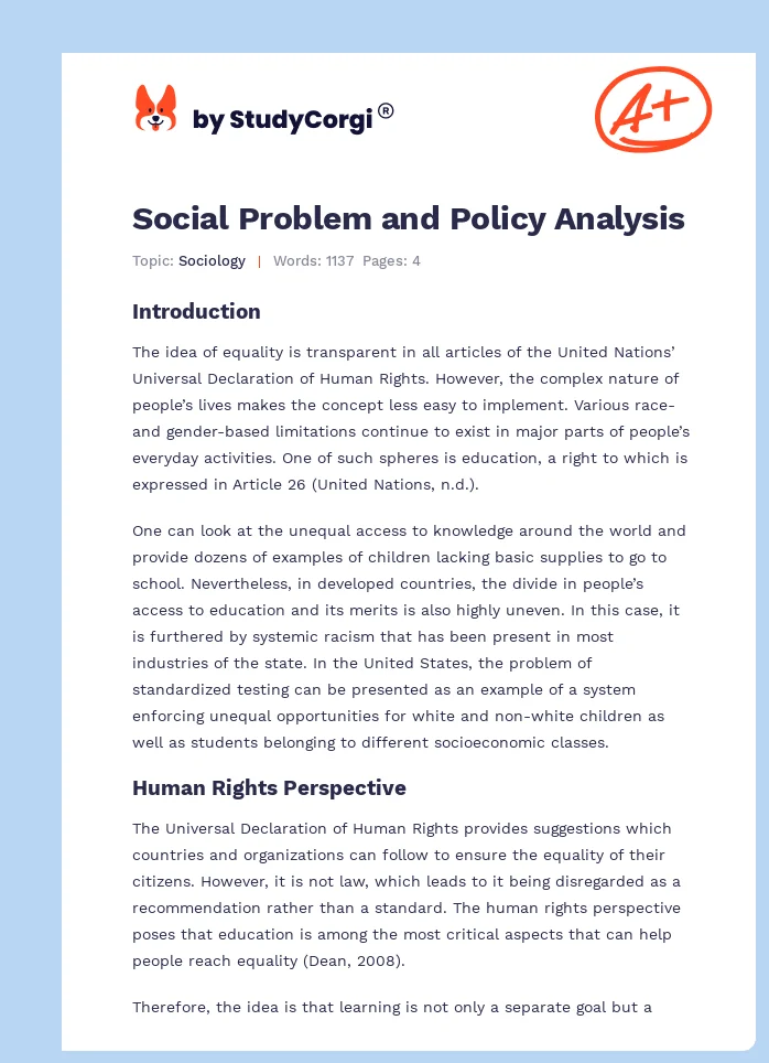 Social Problem and Policy Analysis. Page 1