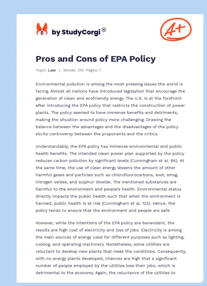 Pros and Cons of EPA Policy. Page 1