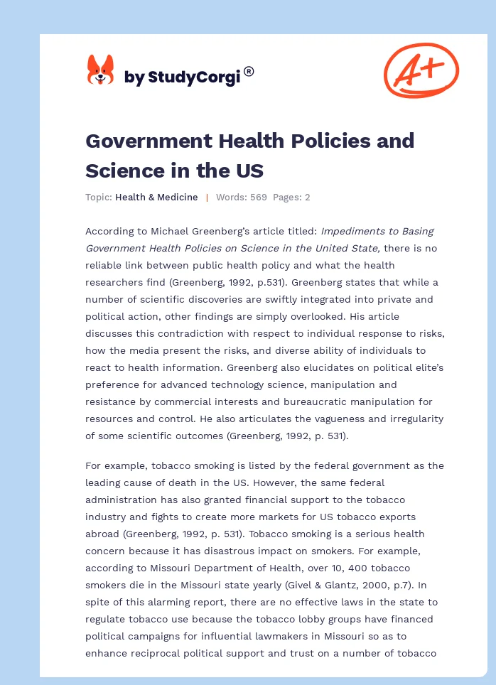 Government Health Policies and Science in the US. Page 1
