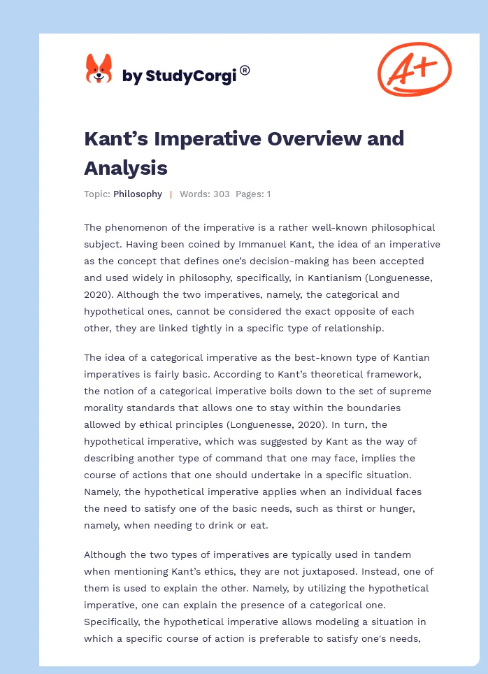 Kant’s Imperative Overview and Analysis. Page 1