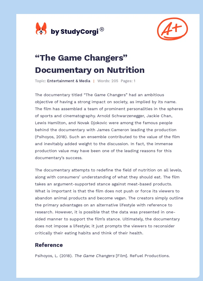 “The Game Changers” Documentary on Nutrition. Page 1
