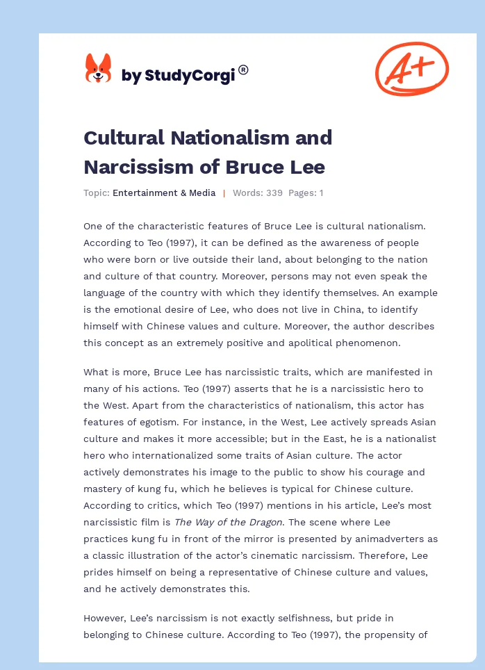 Cultural Nationalism and Narcissism of Bruce Lee. Page 1