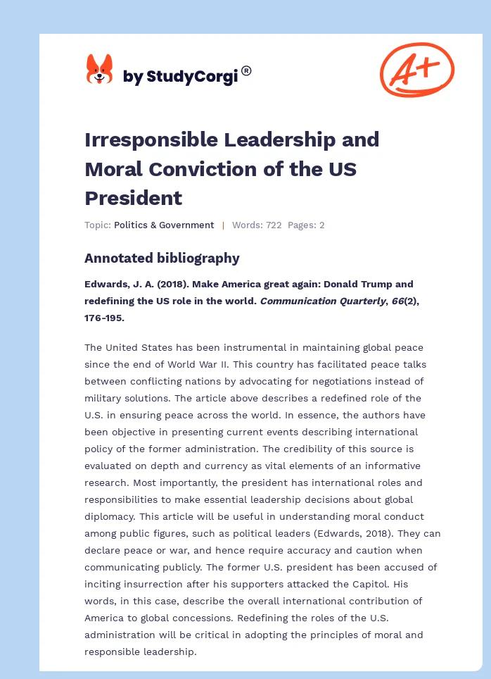 Irresponsible Leadership and Moral Conviction of the US President. Page 1