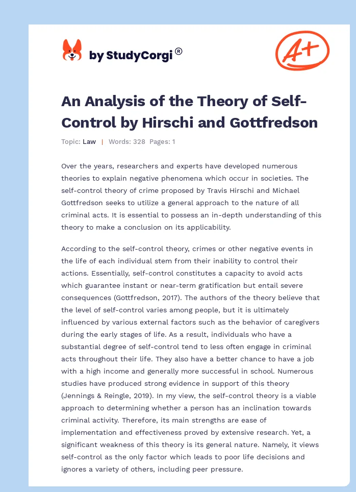 An Analysis of the Theory of Self-Control by Hirschi and Gottfredson. Page 1