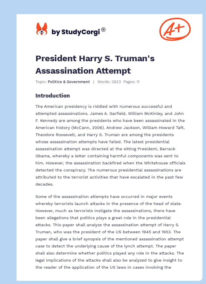 President Harry S. Truman's Assassination Attempt. Page 1