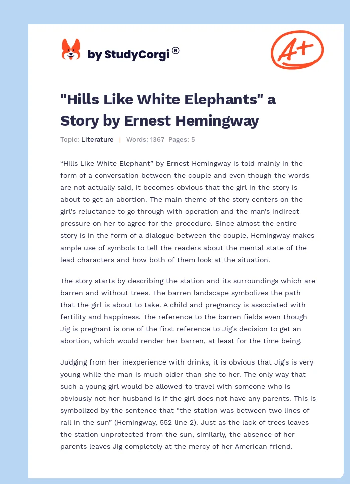 "Hills Like White Elephants" a Story by Ernest Hemingway. Page 1
