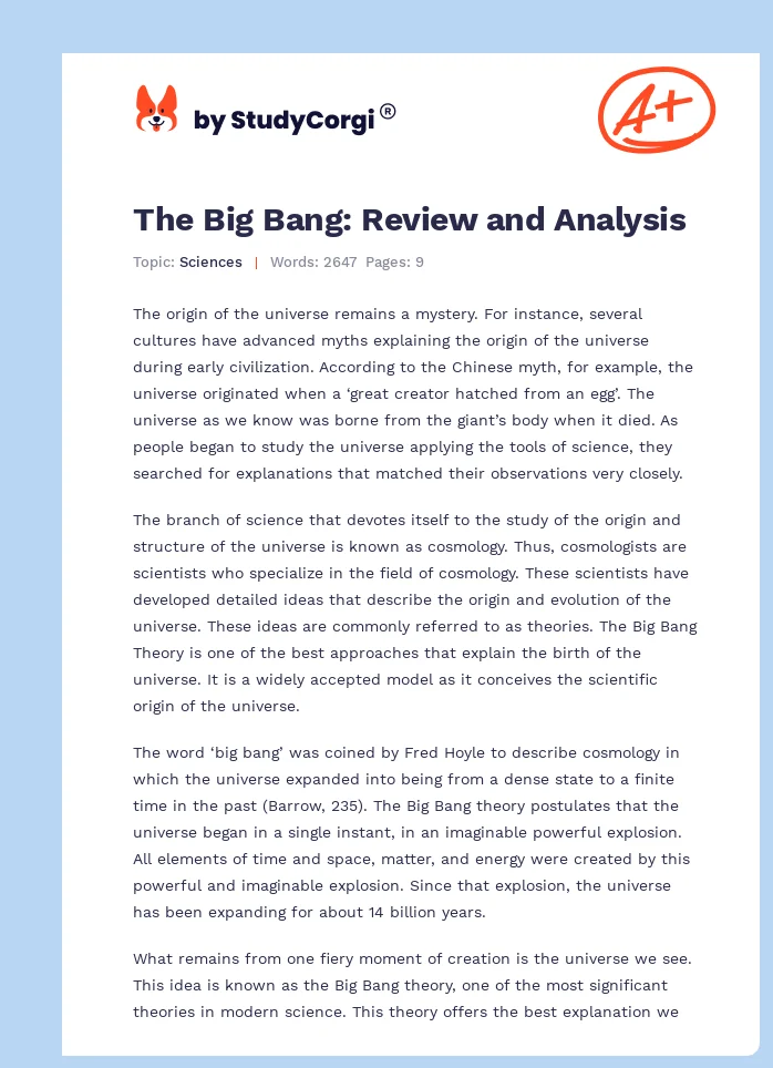 The Big Bang: Review and Analysis. Page 1