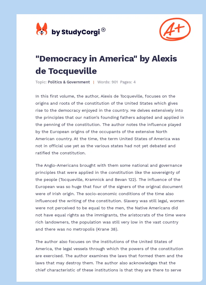 "Democracy in America" by Alexis de Tocqueville. Page 1