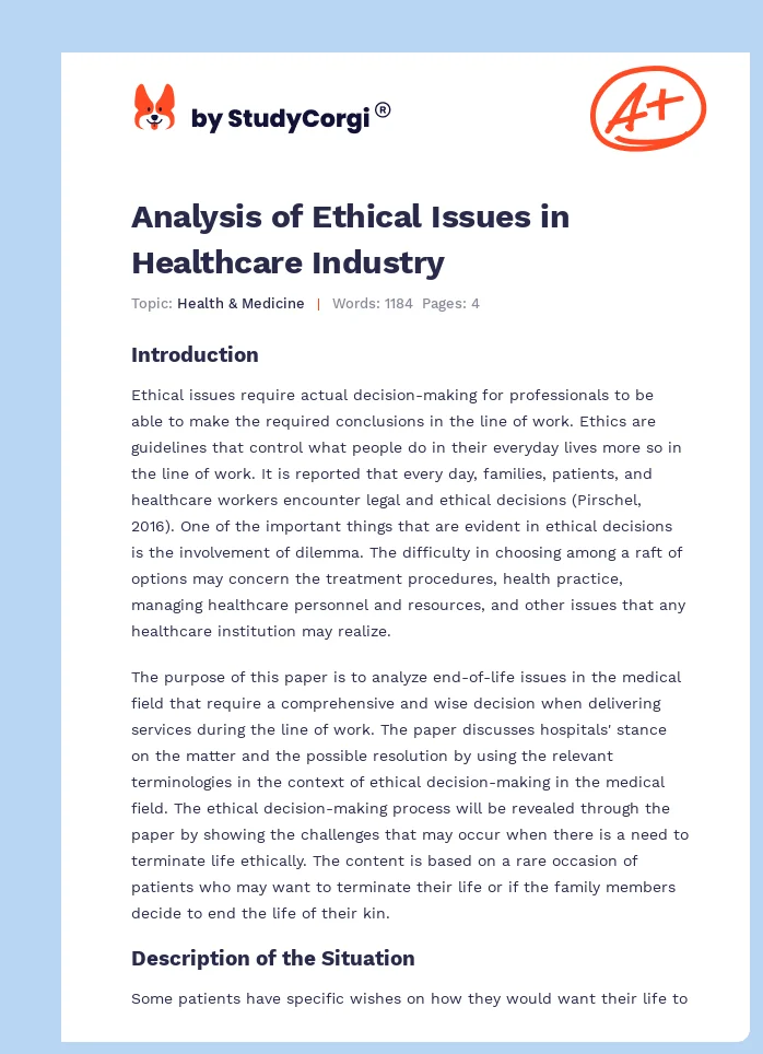 Analysis of Ethical Issues in Healthcare Industry. Page 1