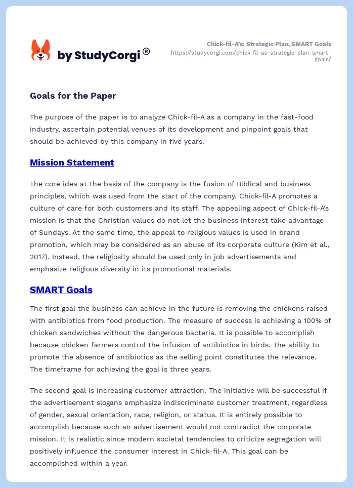 Chick-fil-A’s: Strategic Plan, SMART Goals. Page 2