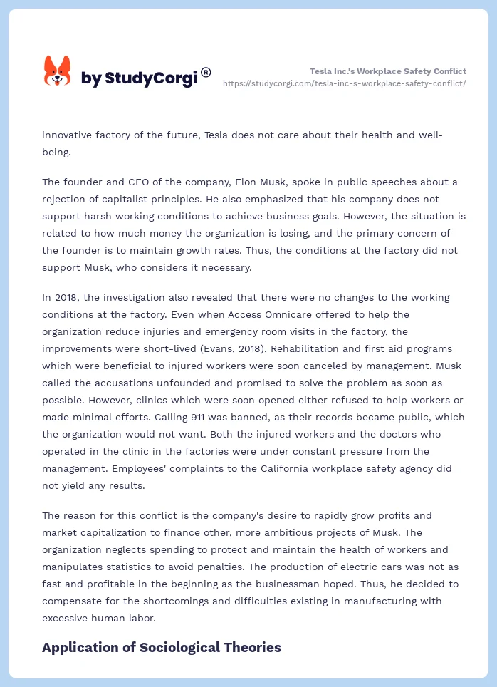 Tesla Inc.'s Workplace Safety Conflict. Page 2