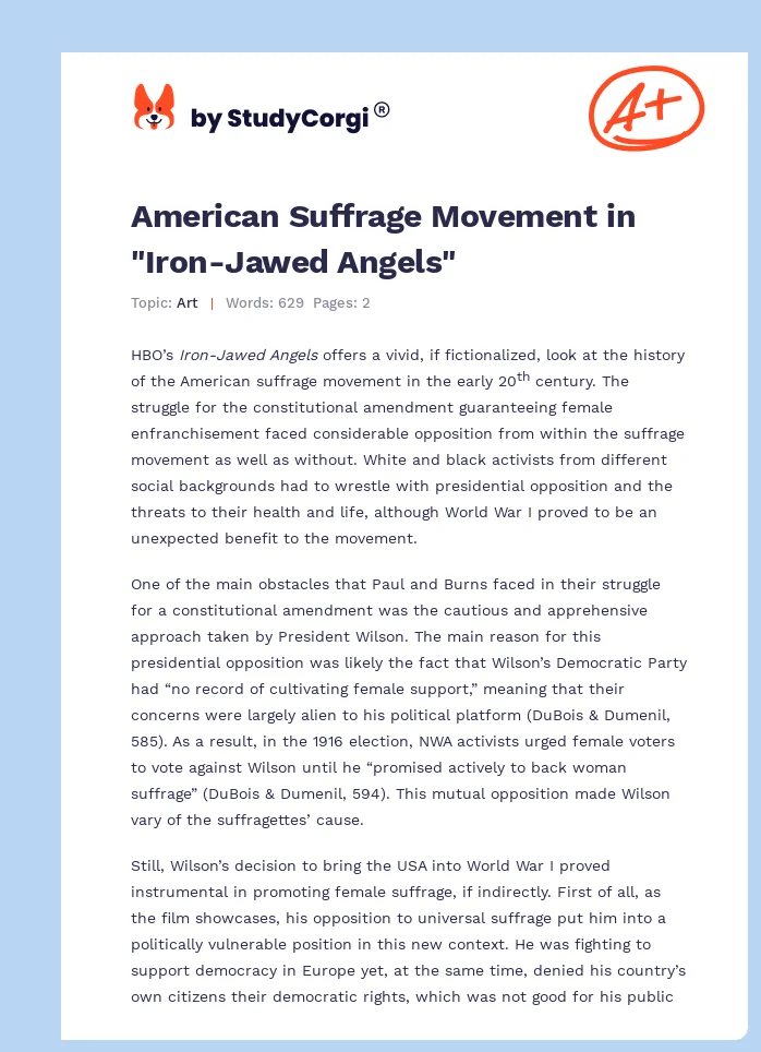 American Suffrage Movement in "Iron-Jawed Angels". Page 1