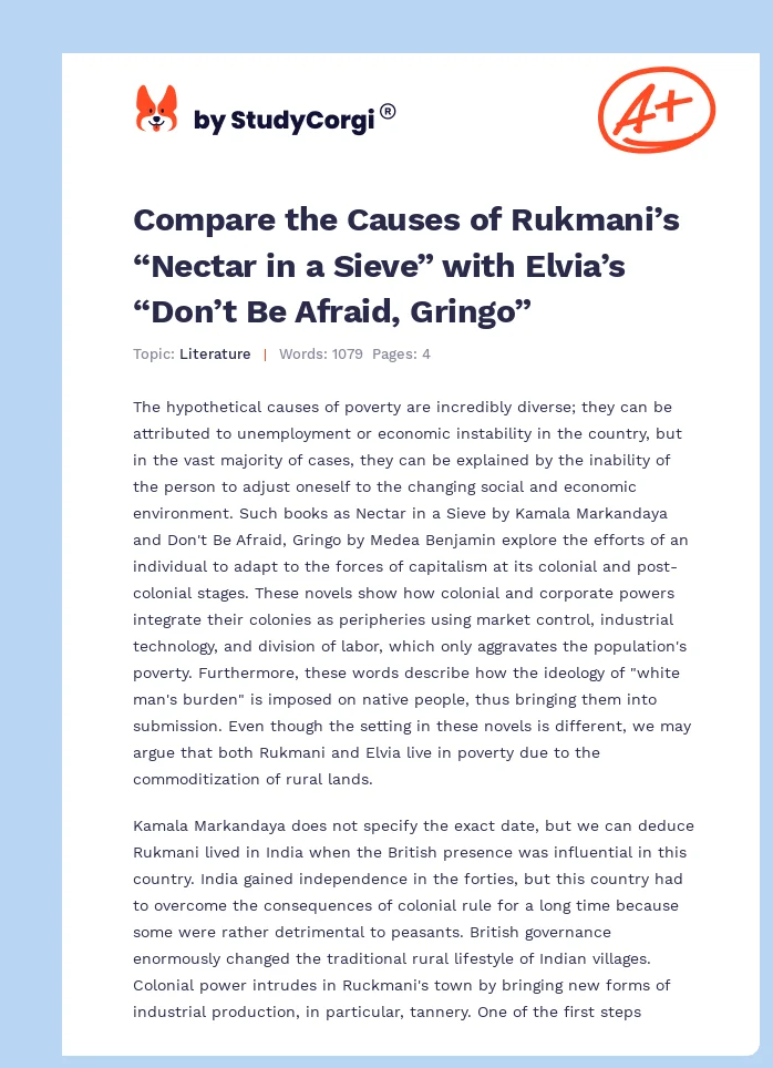 Compare the Causes of Rukmani’s “Nectar in a Sieve” with Elvia’s “Don’t Be Afraid, Gringo”. Page 1