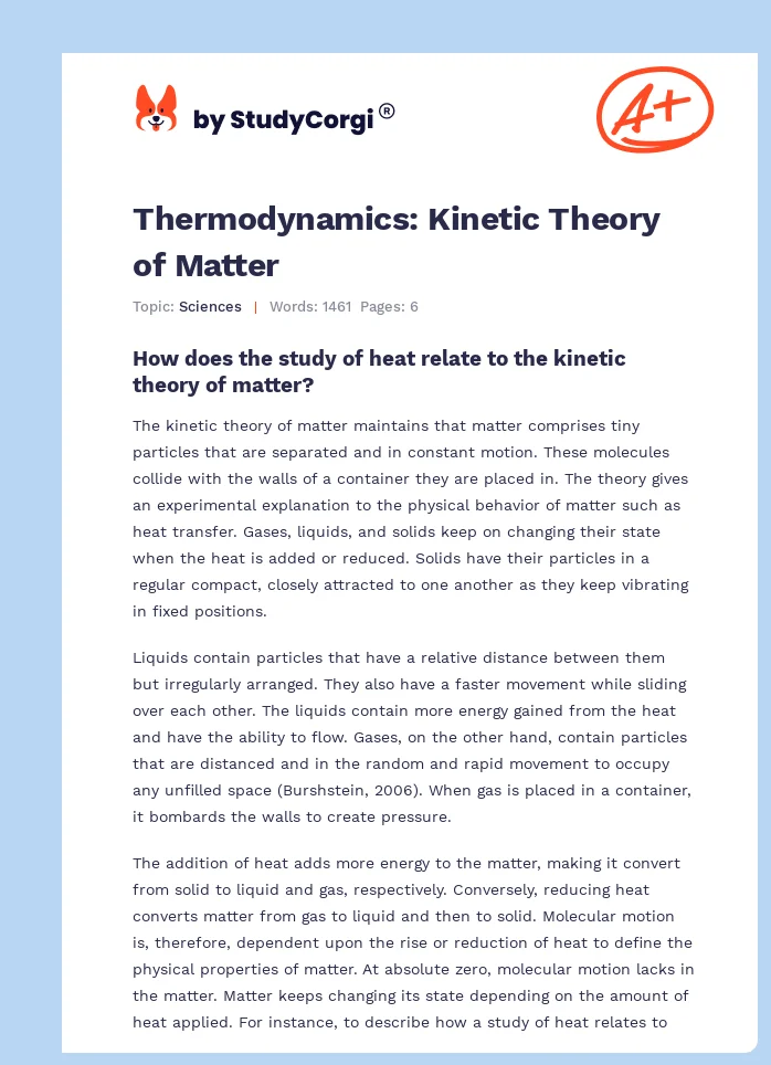 Thermodynamics: Kinetic Theory of Matter. Page 1