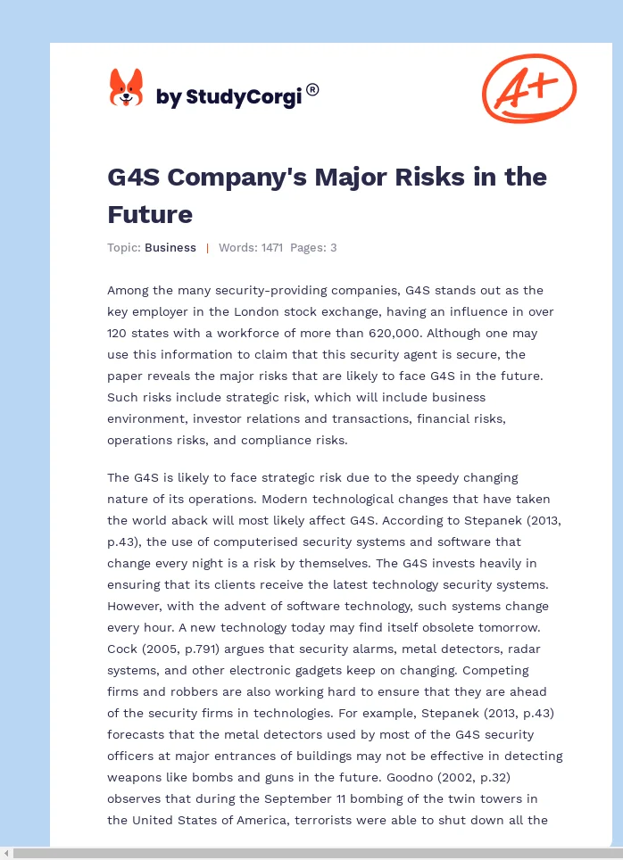 G4S Company's Major Risks in the Future. Page 1